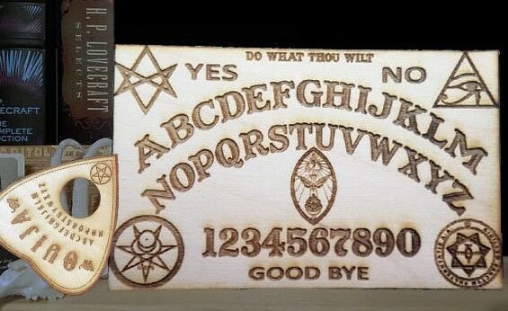 Wooden Ouija Board & Planchette W/ Aleister Crowley Symbols Engraved On Wood