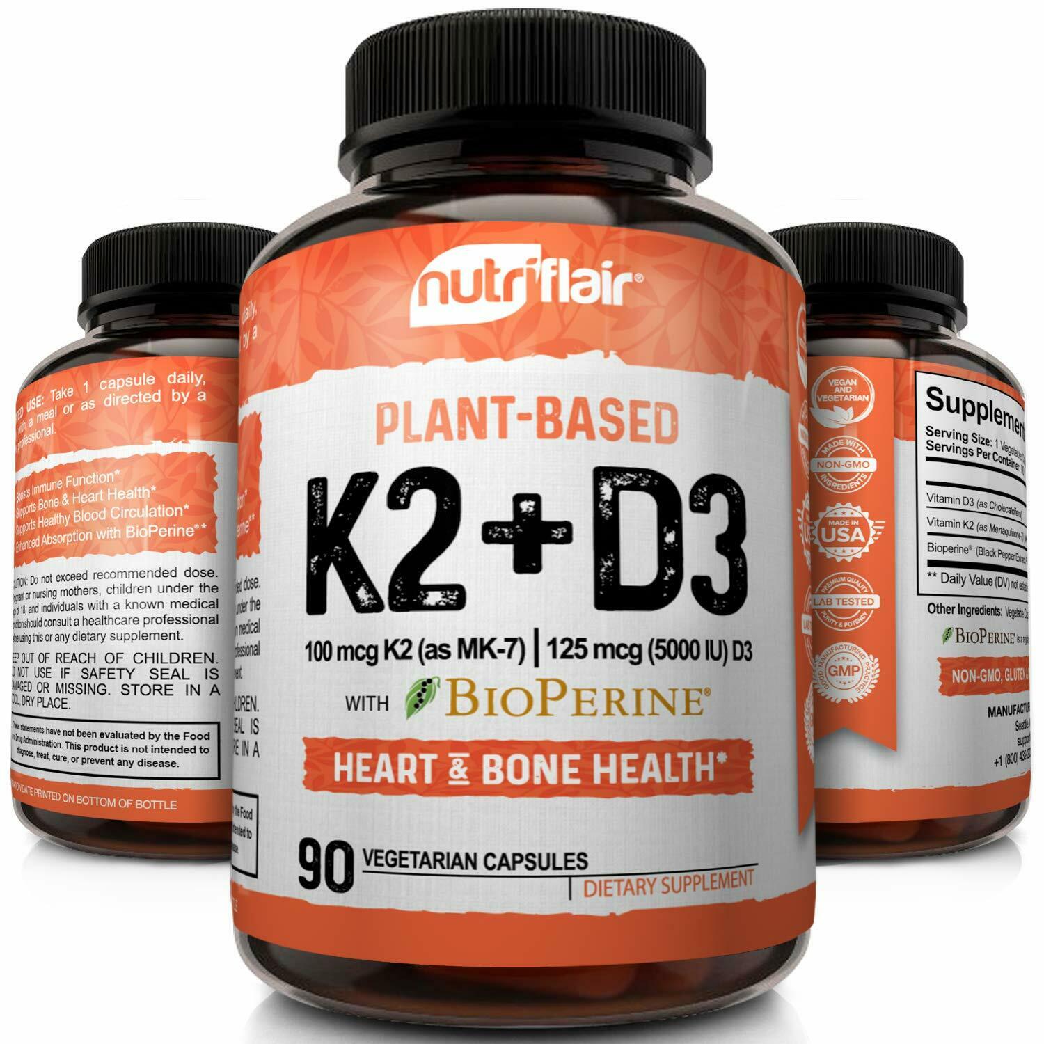 ☀ Vitamin K2 (mk7) With D3 5000 Iu Supplement With Bioperine, 90 Veggie Capsules