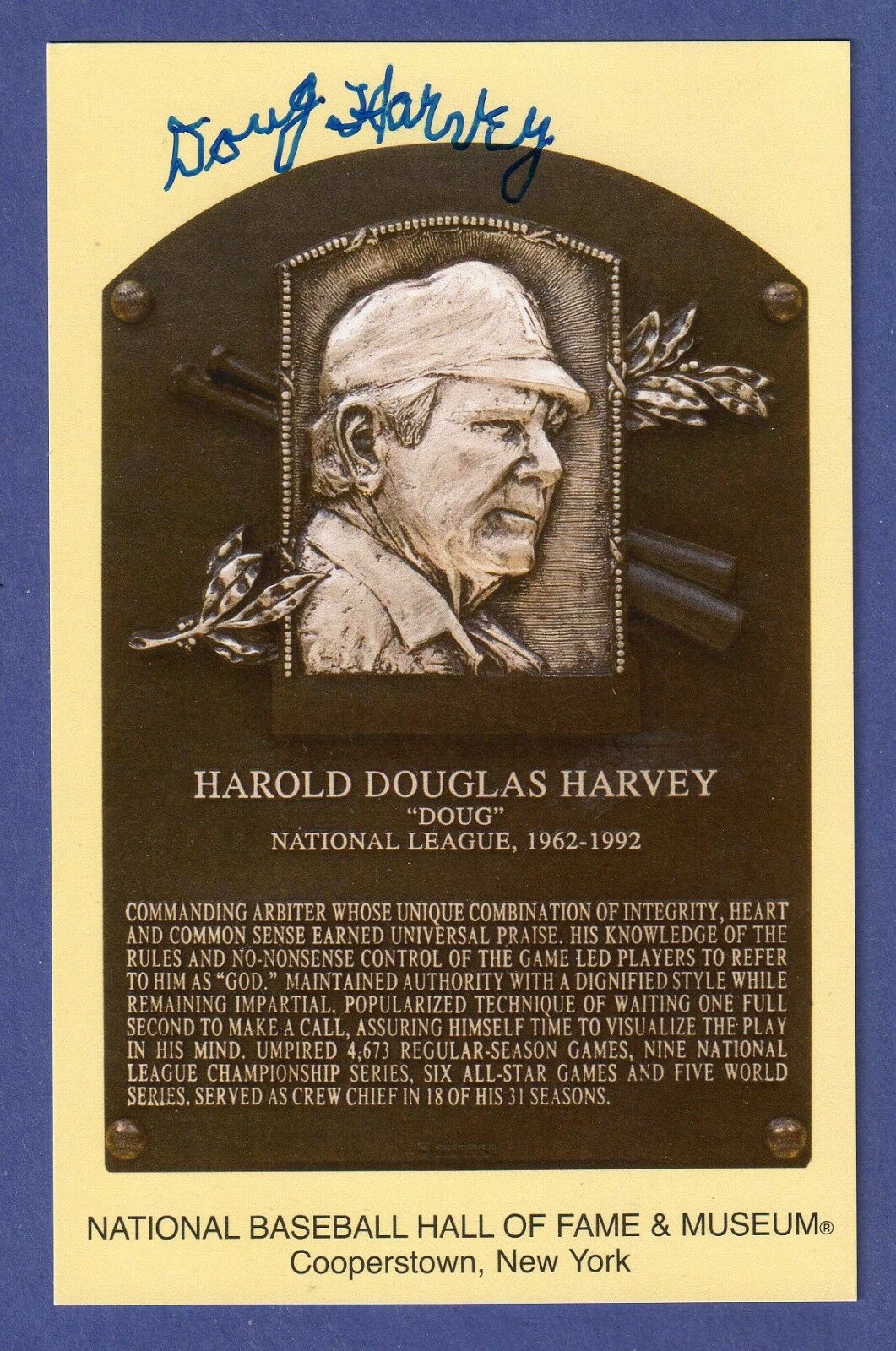 Doug Harvey Signed Hall Of Fame Hof Plaque Postcard Autograph Auto