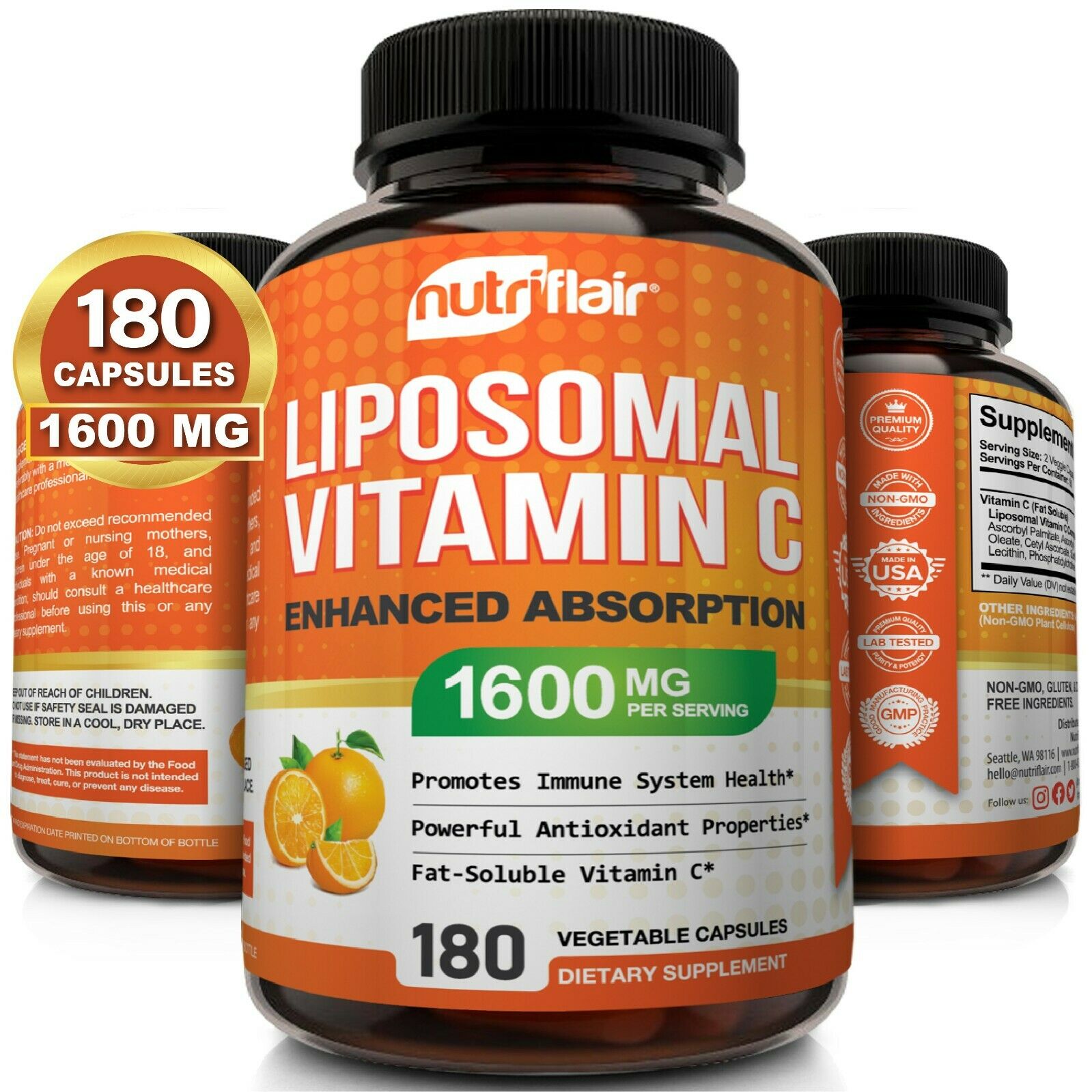 Nutriflair Liposomal Vitamin C 1600mg, 180 Capsules Fat Soluble Vit Supplements