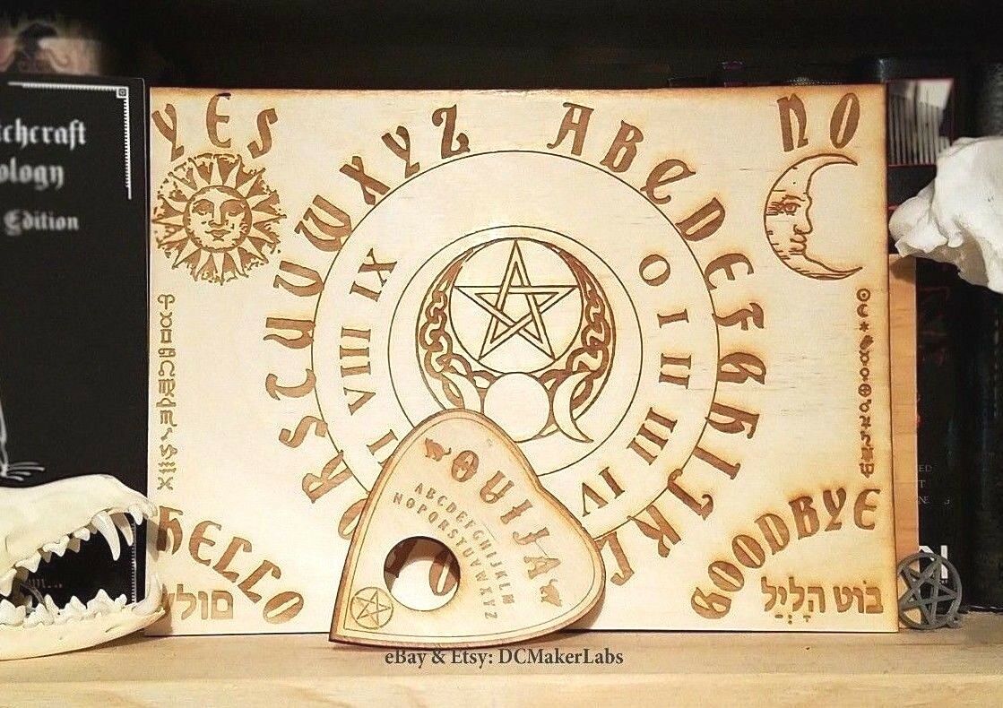 Wooden Ouija Board & Planchette W/ Wiccan Symbols Engraved On Wood